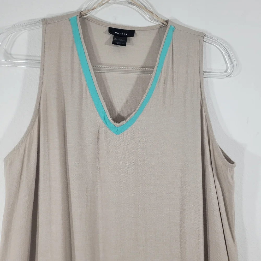 NATORI tan 'V' neck sleeveless long maxi nightgown sleep dress teal trim Large